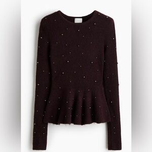 Burgundy Wine Wool Knit Peplum Sweater | Pearl Embellished | H&M | Large | NWT